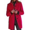 thumbnail image 1 of comerut Women Fall Winter Coat Stand Collar Neck Protection Thick Solid Color Warm Windproof Mid Length Single-breasted Cardigan Long Sleeve Lady Overcoat, 1 of 8