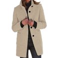 thumbnail image 1 of comerut Women Fall Winter Coat Stand Collar Thick Warm Soft Mid Length Solid Color Pockets Single-breasted Lady Thick Overcoat, 1 of 8