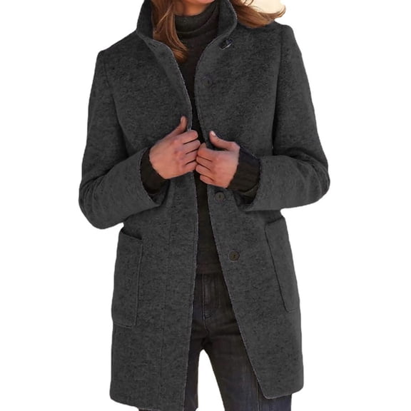 comerut Women Fall Winter Coat Stand Collar Thick Warm Soft Mid Length Solid Color Pockets Single-breasted Lady Thick Overcoat