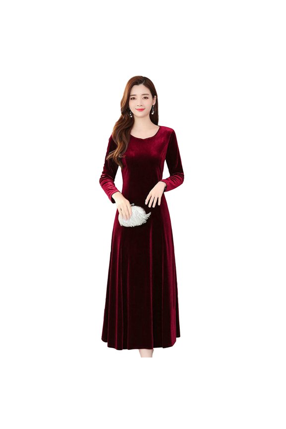 Women Fall Winter Dress Big Swing Solid Color Round Neck Long Sleeve A-line Soft Warm Thick Pullover Lady Prom Party Evening Dress