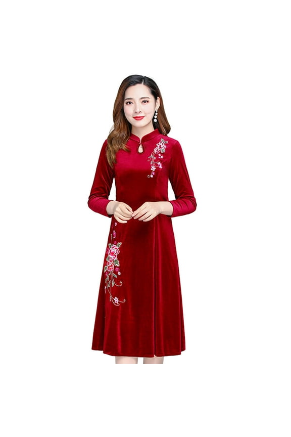 Women Fall Winter Dress Big Swing Stand Collar Long Sleeve Flower Embroidery Hollow Out A-line Soft Warm Thick Pullover Lady Prom Party Evening Dress Qipao