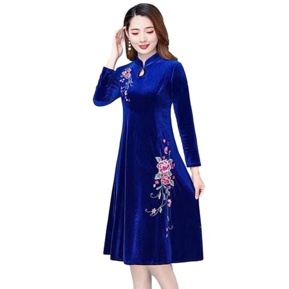 comerut Women Fall Winter Dress Big Swing Stand Collar Long Sleeve Flower Embroidery Hollow Out A-line Soft Warm Thick Pullover Lady Prom Party Evening Dress Qipao