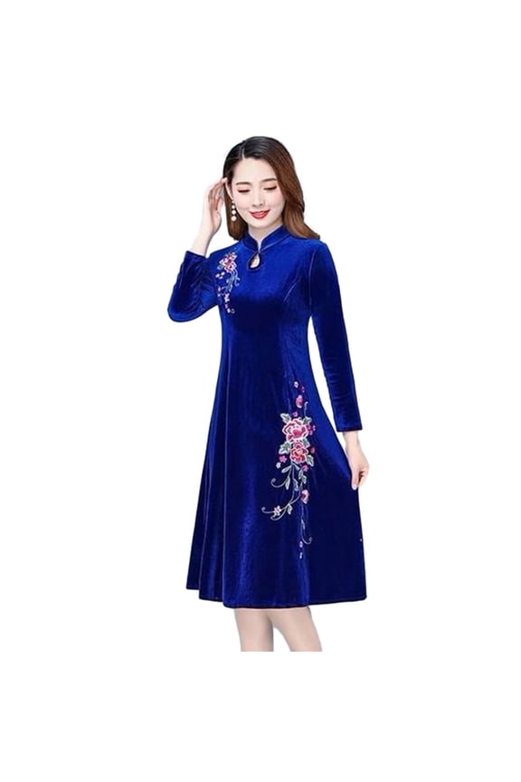 Women Fall Winter Dress Big Swing Stand Collar Long Sleeve Flower Embroidery Hollow Out A-line Soft Warm Thick Pullover Lady Prom Party Evening Dress Qipao