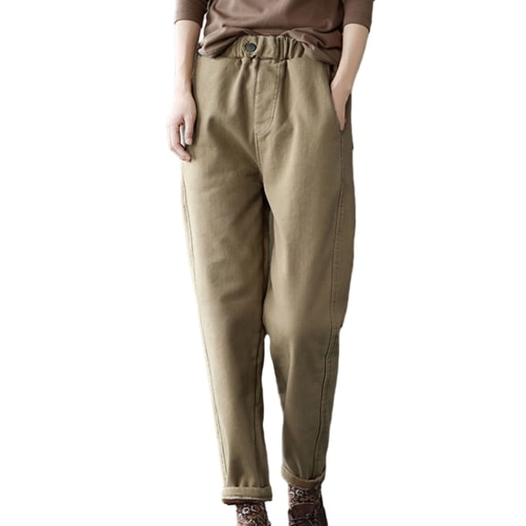 comerut Women Fall Winter Harem Pants Thickened Plush Slim Fit Solid Color Elastic Waist Soft Warm High Waist Pockets Lady Ankle Length Long Trousers