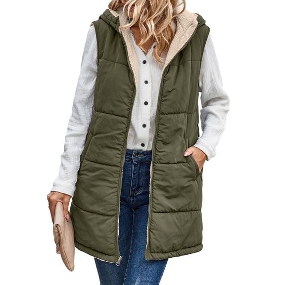 comerut Women Fall Winter Reversible Vest Coat Hooded Sleeveless Fleece Lining Jacket Solid Color Mid-length Waistcoat Long Warm Outerwear