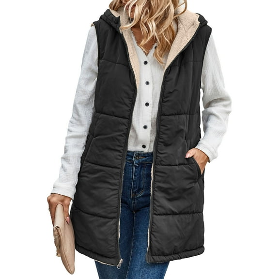comerut Women Fall Winter Reversible Vest Coat Hooded Sleeveless Fleece Lining Jacket Solid Color Mid-length Waistcoat Long Warm Outerwear