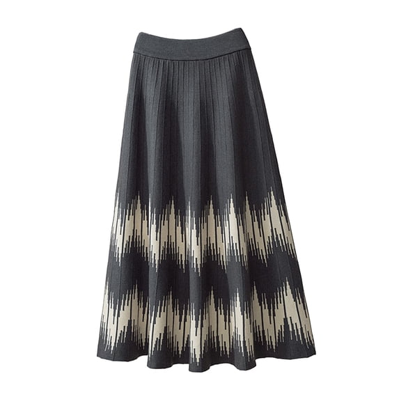 comerut Women Fall Winter Skirt High Waist Elastic Waist Color Matching Knitted A-line Big Swing Warm Soft Thick Commute Midi Skirt