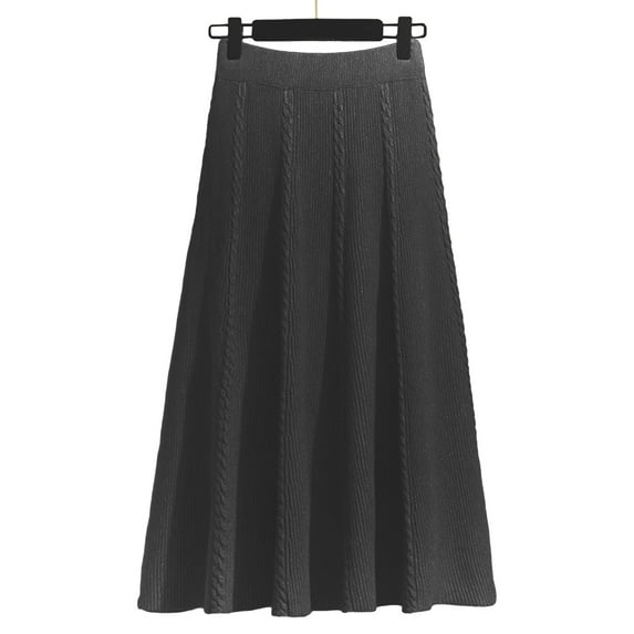 comerut Women Fall Winter Skirt High Waist Elastic Waist Solid Color Knitted A-line Big Swing Warm Soft Thick Commute Midi Skirt