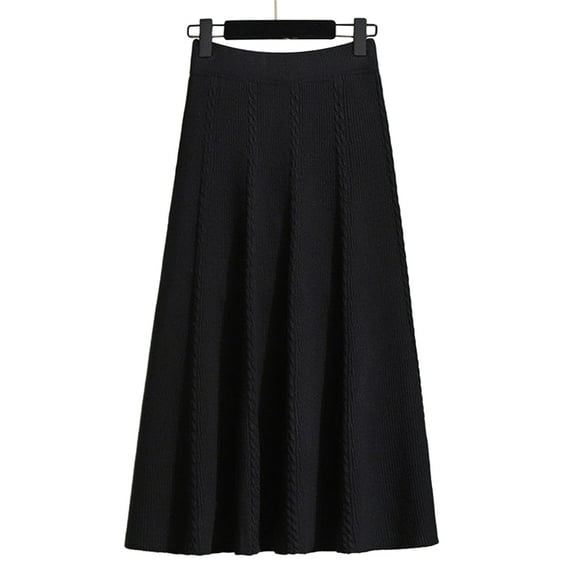 comerut Women Fall Winter Skirt High Waist Elastic Waist Solid Color Knitted A-line Big Swing Warm Soft Thick Commute Midi Skirt