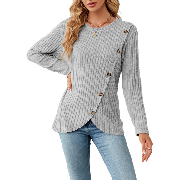 comerut Women Fall Winter Sweater Button Decor Round Neck Long Sleeve Thick Warm Asymmetric Hem Knitted Elastic Pullover Soft Striped Texture Lady Sweater