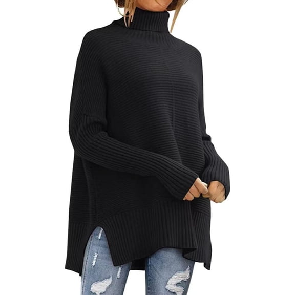 comerut Women Fall Winter Sweater High Collar Solid Color Split Hem Thick Warm Soft Elastic Loose Pullover Long Sleeve Lady Cozy Sweater