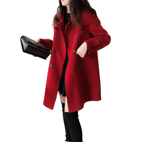 comerut Women Fall Winter Trench Coat Double-breasted Thick Warm Vintage Woolen Mid Length Pockets Lapel Buttons Loose Cardigan Long Sleeve Lady Jacket