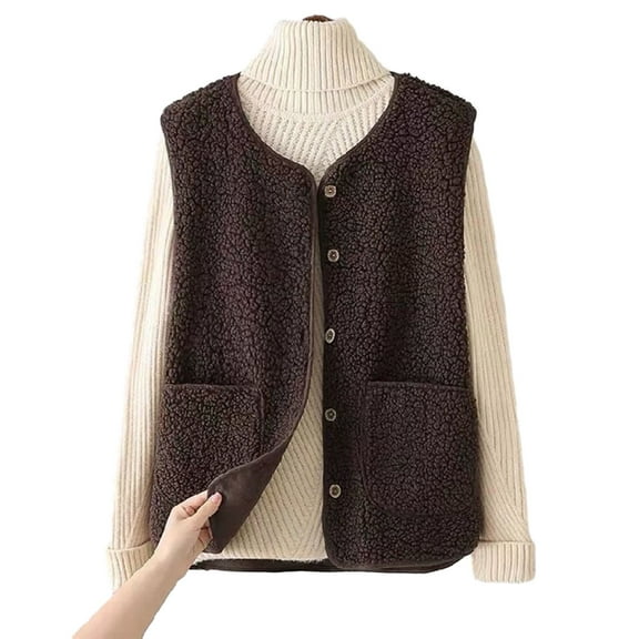 comerut Women Fall Winter Vest Coat Solid Color V Neck Sleeveless Button Closure V Neck Soft Warm Pockets Cardigan Lady Waistcoat