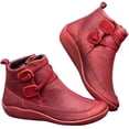 thumbnail image 1 of comerut Women Faux Leather Lace Up Low Heel Flat Ankle Boots Plush Liner Warm Shoes, 1 of 8