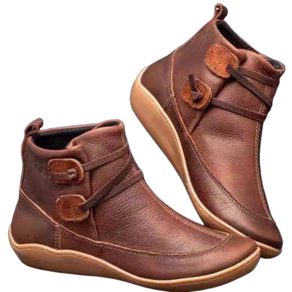 comerut Women Faux Leather Lace Up Low Heel Flat Ankle Boots Plush Liner Warm Shoes
