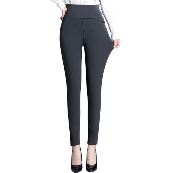 comerut Women Fleece Pencil Pants High Waist Thickened Warm with Pockets Elegance Korean Style Stretch Solid Skinny Slim Lady Trousers