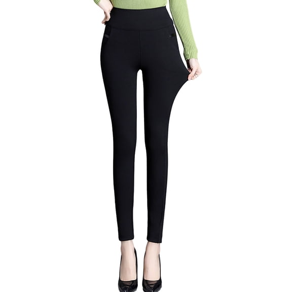 comerut Women Fleece Pencil Pants High Waist Thickened Warm with Pockets Elegance Korean Style Stretch Solid Skinny Slim Lady Trousers