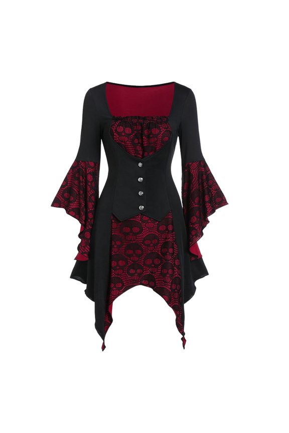 Women Halloween Cosplay Dress Irregular Cuff And Hem Skull Pattern Lace Tie-up Strap Low-cut Button Decor Medieval Vintage Performance Stage Show Dress