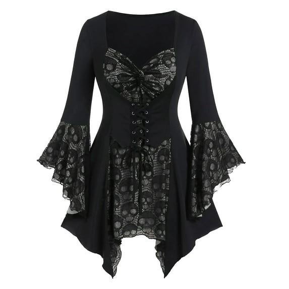 comerut Women Halloween Cosplay Dress Irregular Cuff Lace Tie-up Strap Knot Low-cut Medieval Vintage Bat Sleeves Performance Stage Show Dress