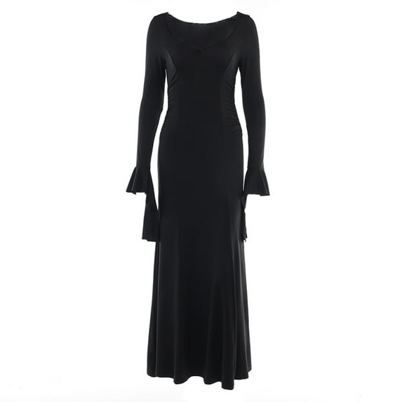 comerut Women Halloween Dress Fish Tail Hem Slim Fit Irregular Ruffle Cuff Bell Sleeves U Neck Solid Color Cosplay Performance Maxi Dress