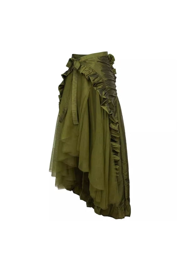 Women Halloween Skirt Cosplay Irregular Ruffle Hem Lace-up High Waist Mesh Patchwork Steampunk Victorian Performance Role Play Photography Dancing Maxi Skirt