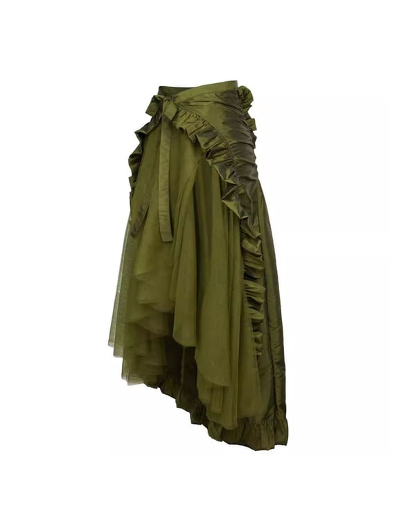 Women Halloween Skirt Cosplay Irregular Ruffle Hem Lace-up High Waist Mesh Patchwork Steampunk Victorian Performance Role Play Photography Dancing Maxi Skirt