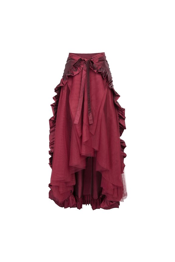 Women Halloween Skirt Cosplay Irregular Ruffle Hem Lace-up High Waist Mesh Patchwork Steampunk Victorian Performance Role Play Photography Dancing Maxi Skirt