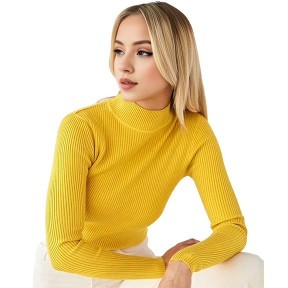 comerut Women Knitting Bottoming Shirt Half High Collar Long Sleeve Solid Color Slim Fit Bottoming Tops Ribbed Warm Knitwear