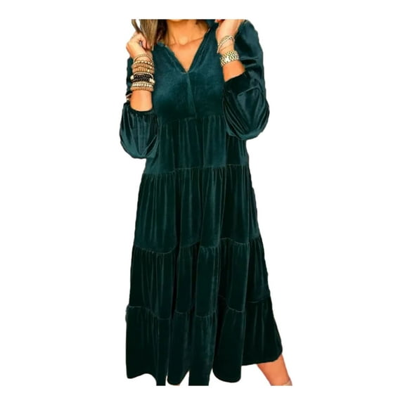 comerut Women Midi Dress Patchwork A-line Loose Hem Long Sleeve V Neck Velvet Soft Warm Solid Color Solid Color Mid-calf Length Midi Dress