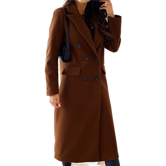 comerut Women Overcoat Double-breasted Long Sleeves Lapel Solid Color Buttons Keep Warm Mid Length Anti-wrinkle Women Winter Coat Female Clothes