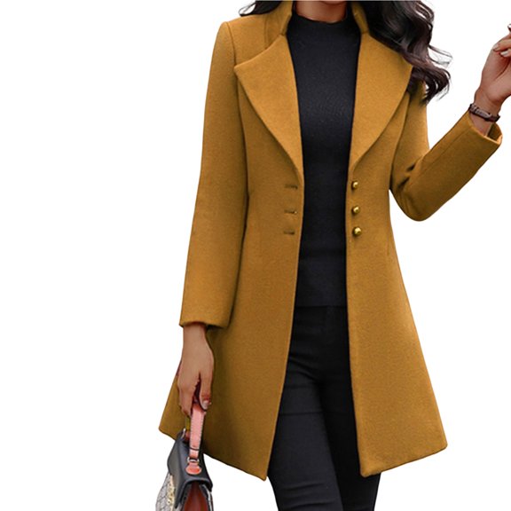 comerut Women Overcoat Solid Color Long Sleeves Korean Style Buttons Commute Slim Fit Warm Soft Midi Length Lady Jacket for Work