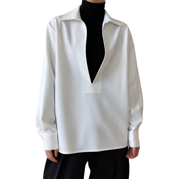 comerut Women Shirt Solid Color Loose Deep V Neck Turn-down Collar Formal Warm Elegant Business Mid Length Fall Blouse Female Clothes