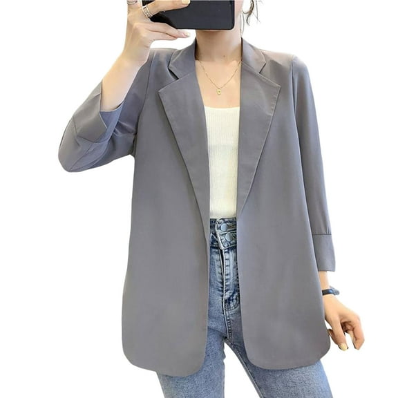 comerut Women Summer Blazer Solid Color Long Sleeves Lapel Notch Collar Mid Length Anti-UV Straight AD Keep Warm Women Summer Coat Women Clothes