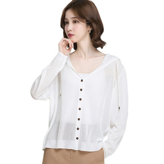 comerut Women Sweater Coat Hooded Long Sleeves Drawstring Single-breasted Knitted Loose Soft Elastic Buttons Solid Color Warm AC Top Female Clothes