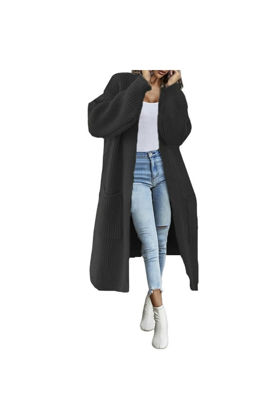 Women Sweater Coat Knitted Solid Color Long Sleeves Cardigan Mid Length Warm Loose Patch Pockets V Neck Lady Winter Coat Female Clothes