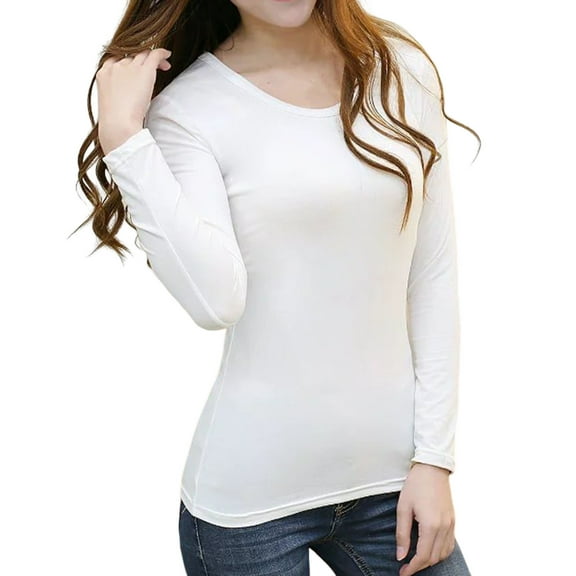 comerut Women T-Shirt Crew/V Neck Slim Fit Pullover Long Sleeve Stretchy Keep Warm Solid Color Women Autumn Basic Tee Tops Daily Clothing