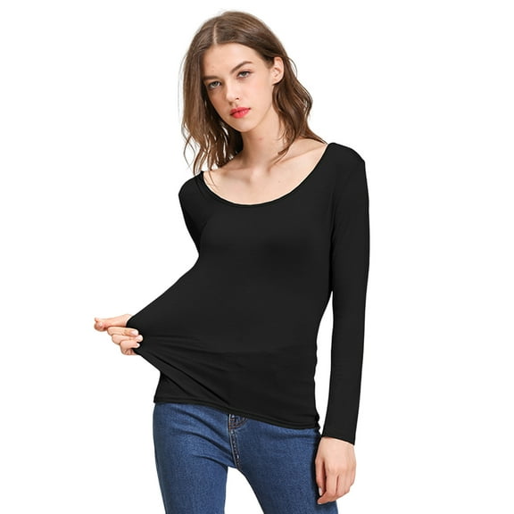 comerut Women T-shirt Scoop Neck Solid Color Basic Long Sleeves Pullover Warm Close-fitting Breathable Women Base Top for Daily Wear