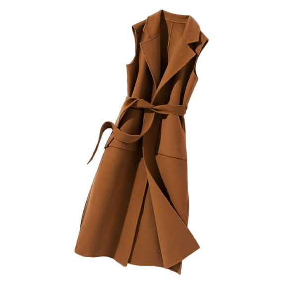 comerut Women Vest Turn-down Collar Sleeveless Cardigan Open Stitch Tight Waist Keep Warm Belt Loose Thick Lady Winter Waistcoat for Dating