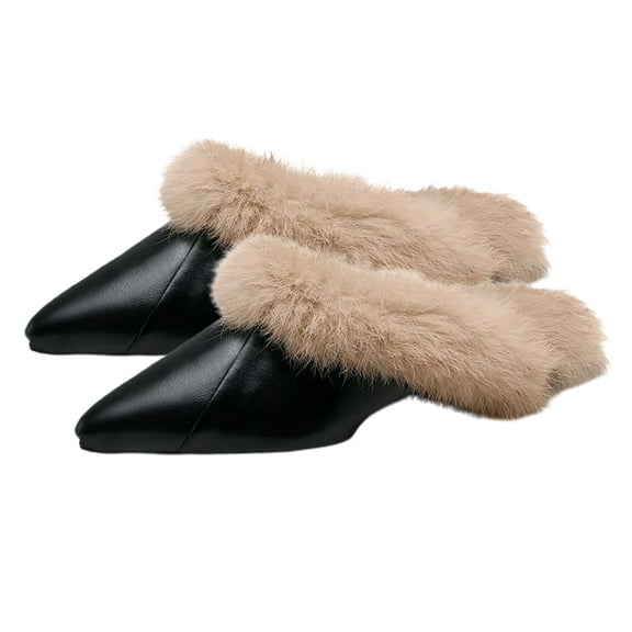 comerut Women Warm Non-Slip Flat Closed Pointed Toe Slip-on Mules Sandals Slippers Shoes