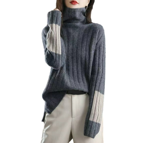 comerut Women Winter Autumn Sweater Turtleneck Neck Protection Long Sleeve Knitted Warm Thick Soft Pullover Color Block Patchwork Lady Sweater