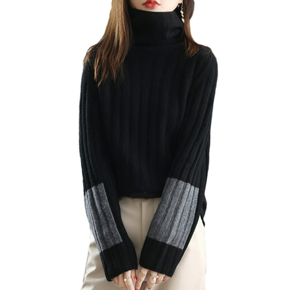 comerut Women Winter Autumn Sweater Turtleneck Neck Protection Long Sleeve Knitted Warm Thick Soft Pullover Color Block Patchwork Lady Sweater
