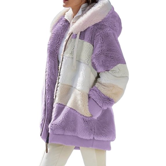 comerut Women Winter Coat Color Block Long Sleeves Zipper Cardigan Loose Furry Warm Plush Plus Size Lady Jacket Winter Clothes