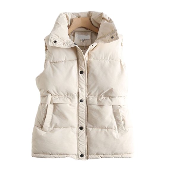 comerut Women Winter Coat Padded Solid Color Thick Warm Soft Single-breasted Lapel Sleeveless Cardigan Windproof Lady Casual Pockets Waistoat