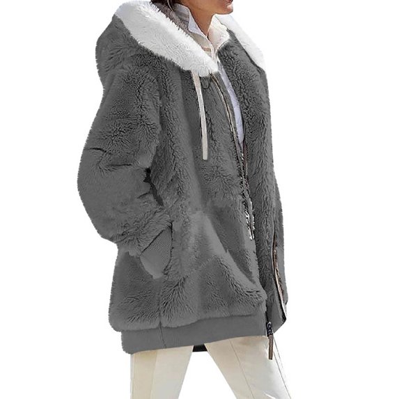 comerut Women Winter Coat Solid Color Warm Furry Plush Plus Size Lady Coat Winter Clothes