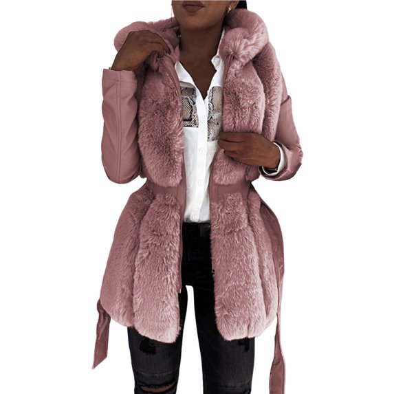 comerut Women Winter Coat Thick Hooded Hat Long Sleeves Solid Color Warm Cardigan Plus Size Plush Tight Waist Women Coat for Shopping