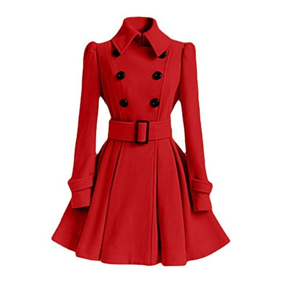 comerut Women Winter Coat Thick Midi Length Solid Color Double-breasted Lapel Keep Warm A-line Loose Hem Tight Waist Lady Coat for Banquet