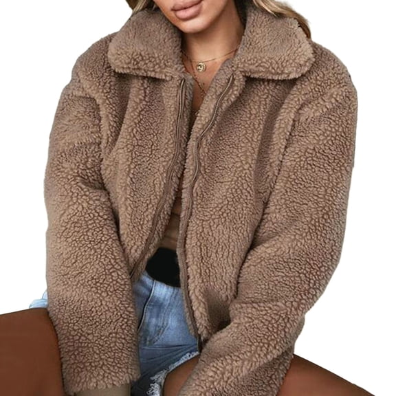 comerut Women Winter Coat Thick Plush Solid Color Long Sleeve Zip Up Soft Warm Pockets Lapel Casual Elastic Cuff Outdoor Short Jacket