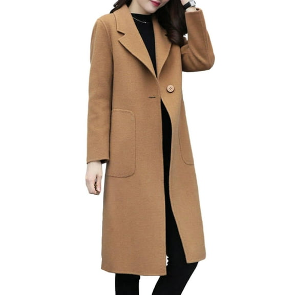 comerut Women Winter Coat Turn-down Collar Long Sleeve Mid Length Thick Solid Color Windproof Warm Loose Korean Style Single Button Pockets Lady Overcoat