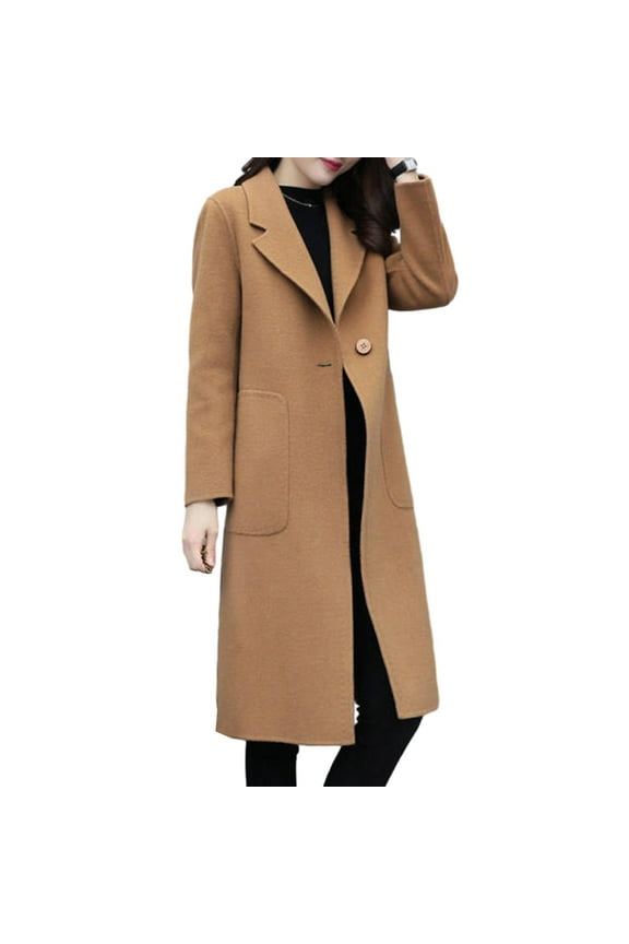 Women Winter Coat Turn-down Collar Long Sleeve Mid Length Thick Solid Color Windproof Warm Loose Korean Style Single Button Pockets Lady Overcoat