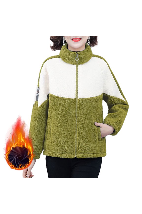 Women Winter Fall Coat Colorblock Thick Plush Soft Warm Stand Collar Neck Protection Long Sleeve Zipper Closure Cardigan Mother Jacket